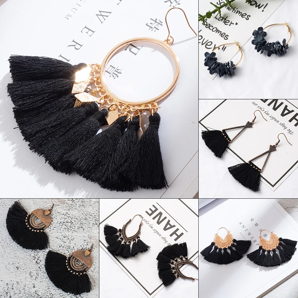 Готический Черный Винтаж Бохо красная роза кисточки Висячие серьги для женщин