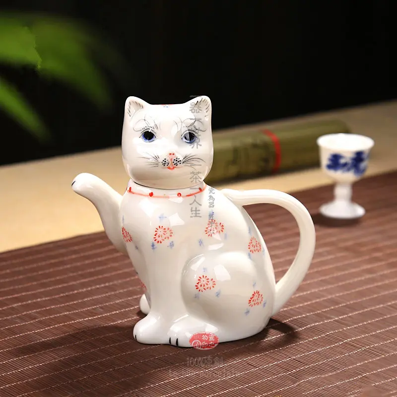 Расписанный вручную сине белый керамический Ланки кошачий чайник креативный с