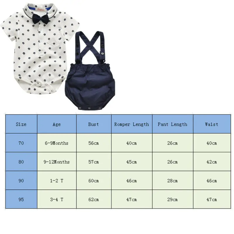 

2019 Children Baby Clothing 2PCS Cute Newborn Infant Baby Boys Outfit Clothes Bow Tie Romper Tops+Overall Shorts Pants 2Pcs Set