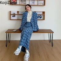 koijizayoi 2022 women two pieces set vintage single breasted plaid blazerlong pencil skirt 2 piece suits office ladies outfits