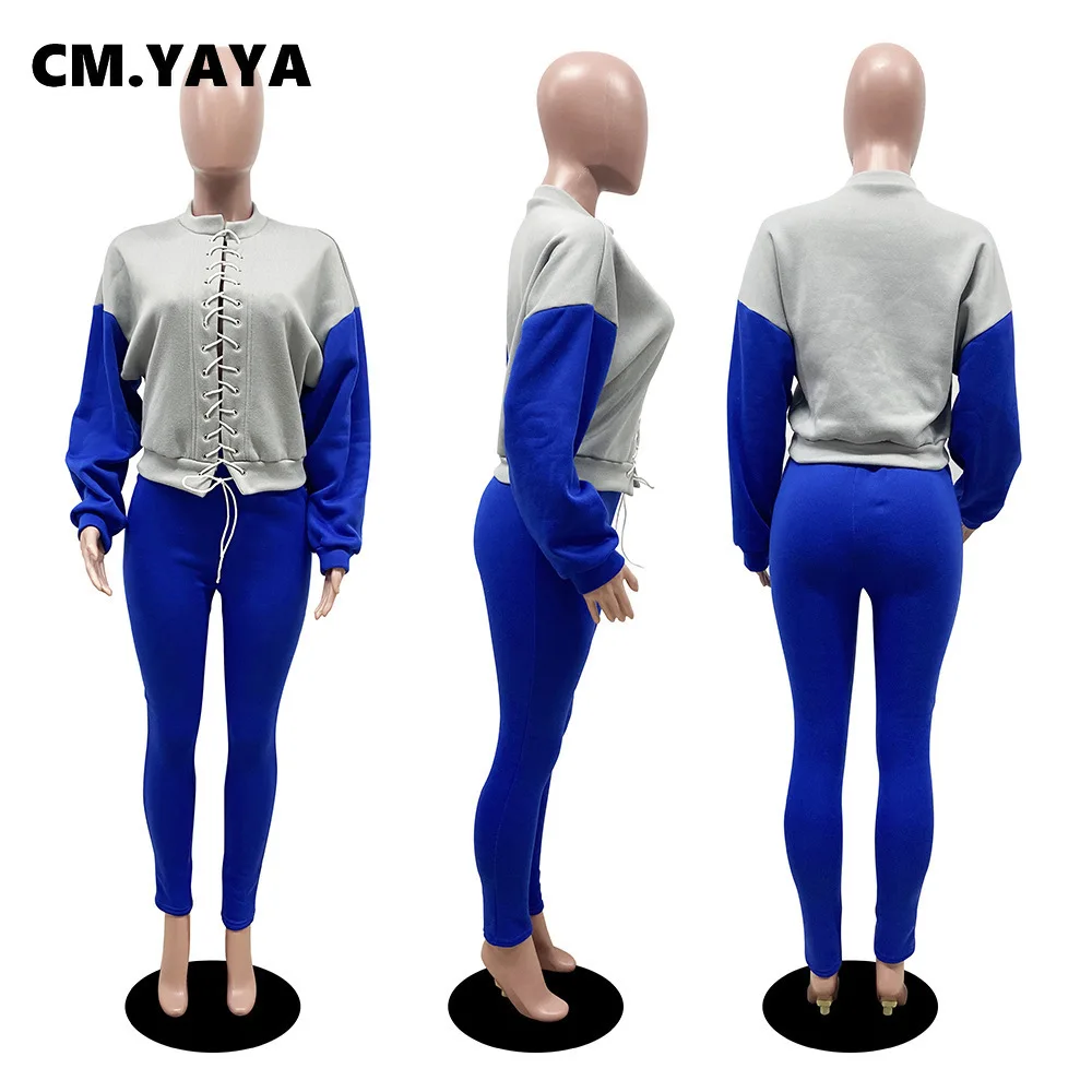 Спортивный костюм CM.YAYA в стиле пэчворк Женский комплект короткий топ на шнуровке
