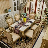 Champagne Marble Dining Table and Chairs European-style Long Luxury Dining Table Villa Solid Wood Carved Table