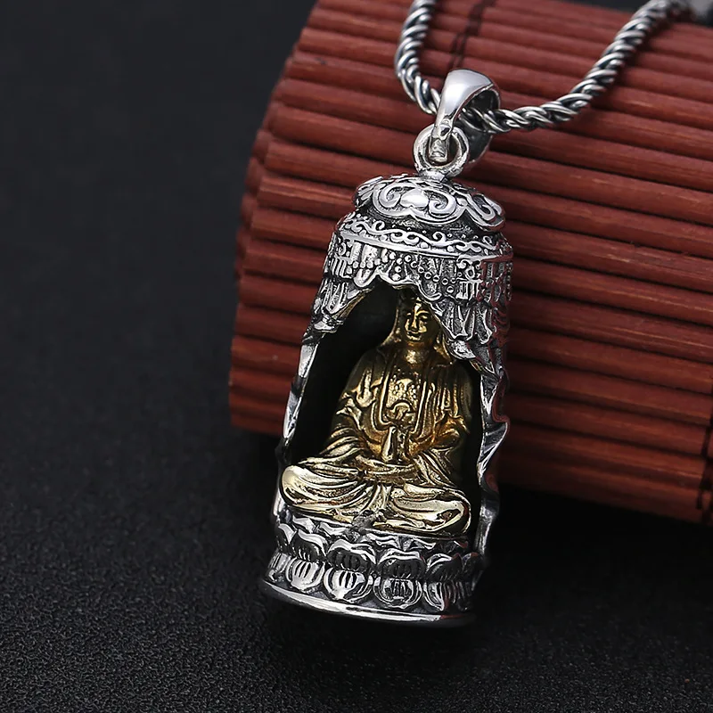 990 серебряные Kuanyin Будды кулон из стерлингового серебра тибетский avalokitesvara bodhisattva статуя Будды знак мира Цепочки и ожерелья с подвесками