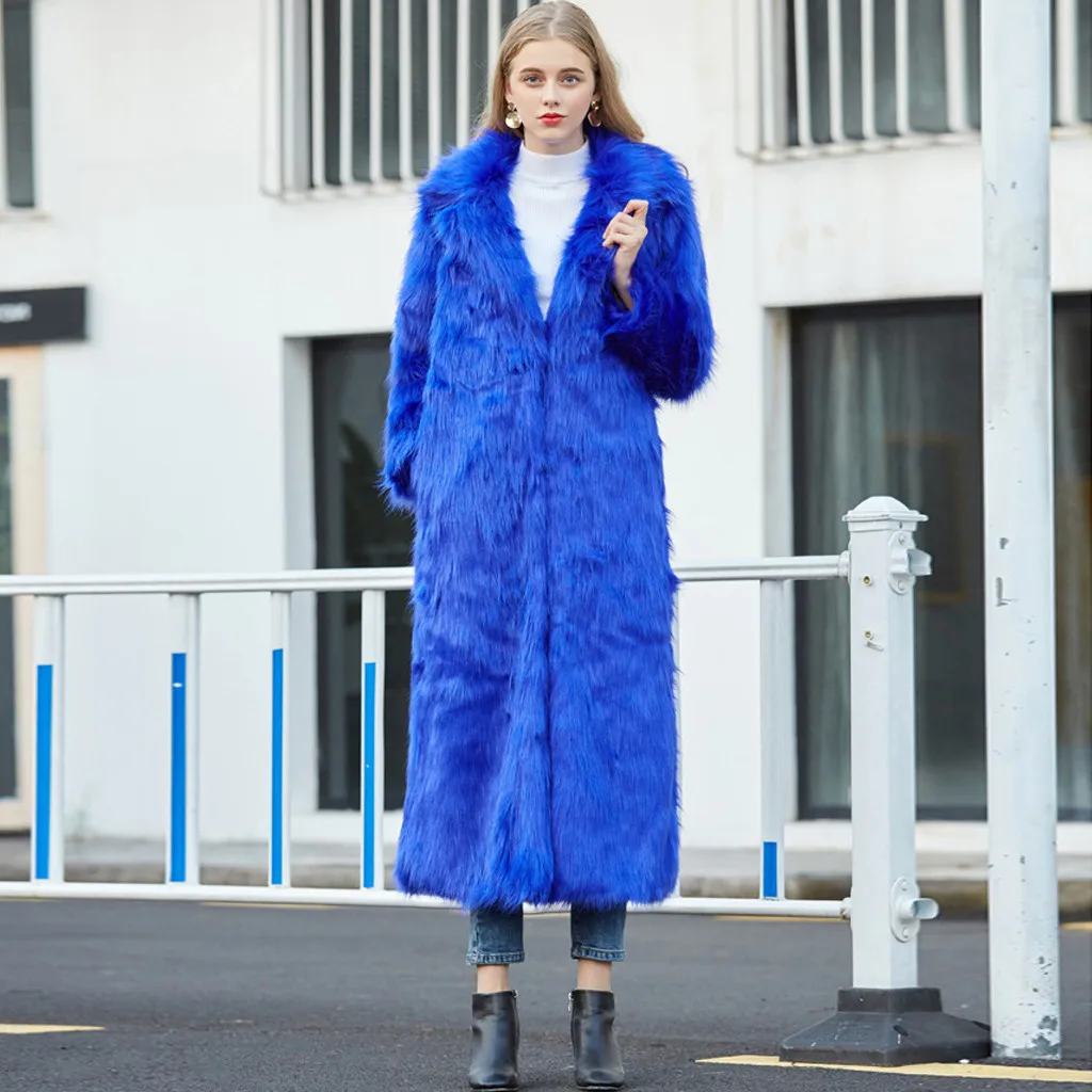 Ladies Faux Fur Wool Lamb Long Coat Fashion Women Outwear Long Sleeves Warm Coat Plush Jacket Long Overcoat Solid Plus Size