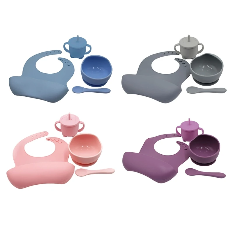 

4 Pcs Baby Silicone Bibs Sucker Bowl Spoon Straw Cup Set Training Feeding Food Utensil Dishes Tableware Kit for Newborn