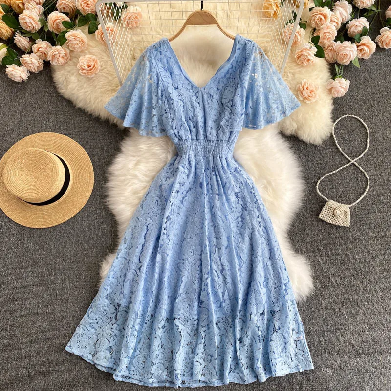 

Summer Dress Women 2021 New Fashion Solid V-neck Flare Sleeve Lace Dress Elastic Waist A-line Midi Party Casual Female Dresses