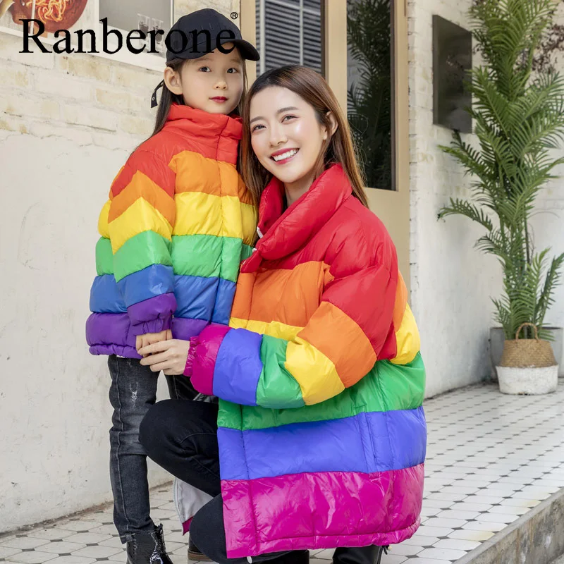 Ranberone Winter Jacket Women Hooded Parka Coat Rainbow Clothes Girl Cotton Outwear Warm Thick Casual Hooded Jacket Clothing