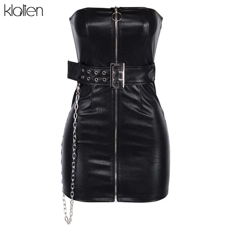 KLALIEN женское весеннее готическое стильное черное платье из искусственной кожи на