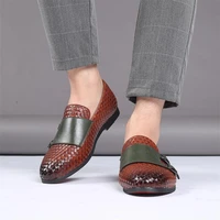 2021 mens shoes spring and autumn pure color pu classic double buckle woven pattern comfortable fashion casual loafers ke012