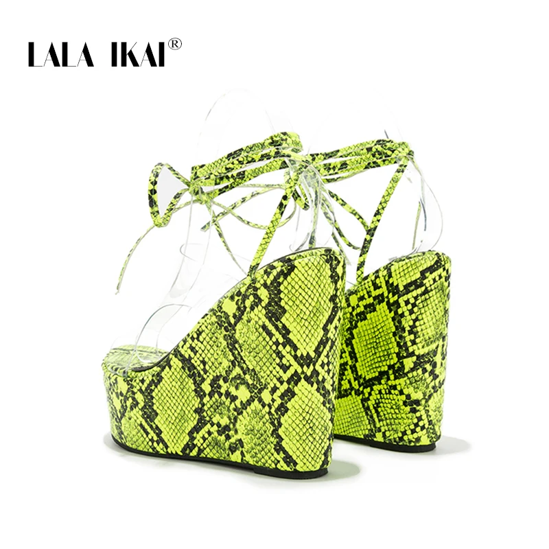LALA IKAI/женские сандалии-гладиаторы со змеиным узором; Босоножки на платформе на высоком каблуке; женские туфли-лодочки на танкетке с прозрачными кружевами; XWC6632-4