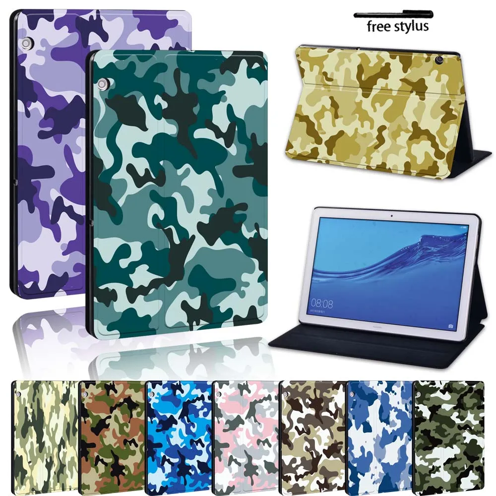 

For Huawei MediaPad M5 Lite 10.1"/M5 10.8"/T3 8.0/T3 9.6/T5 10 Folio Leather Pu Camouflage Tablet Protective Case Shell