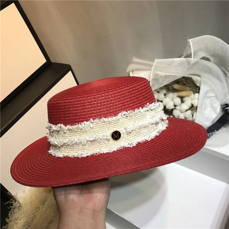 

19 Spring/Summer Red New Style Internet Celebrity Same Hepburn Socialite Style Flat-Top Hat Straw Hat French Vintage Sunshade
