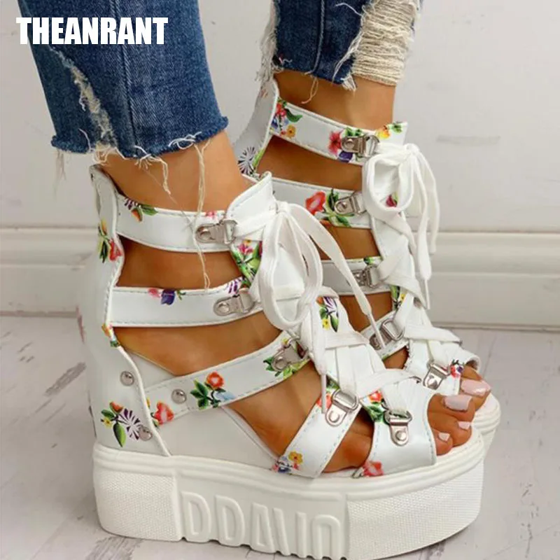 

THEAGRANT Gladiator Sandals Shoes Woman 2021 Summer Casual Shoes Floral Platform Lady High Heels Women Shoes WSS3063