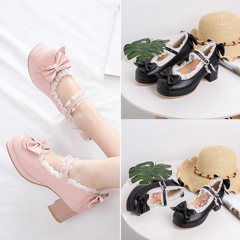

Spring Girls Sweet Lolita Ruffles Bowknot Lace Bridal Wedding Women Shoes Women High Heel Bordered Princess Shoes Pink Heels