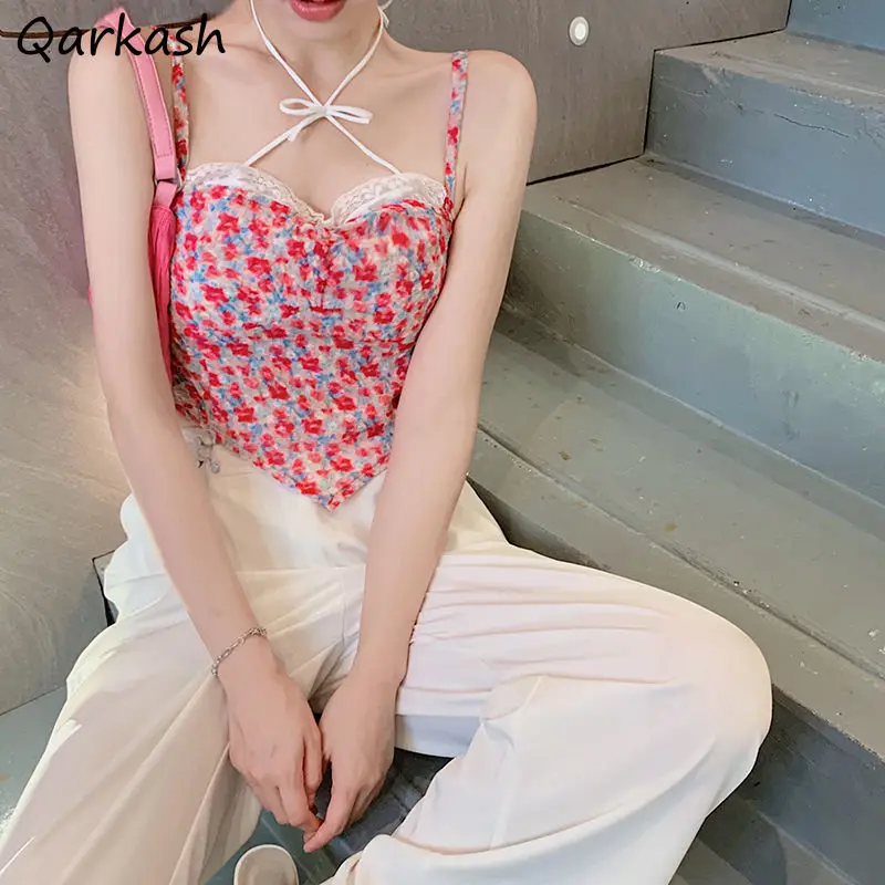 

Camis Women Summer Sexy Floral Lace Halter Design Fashion Club Streetwear Vintage Korean Style Bodycon Slim Crop Tops Elegant