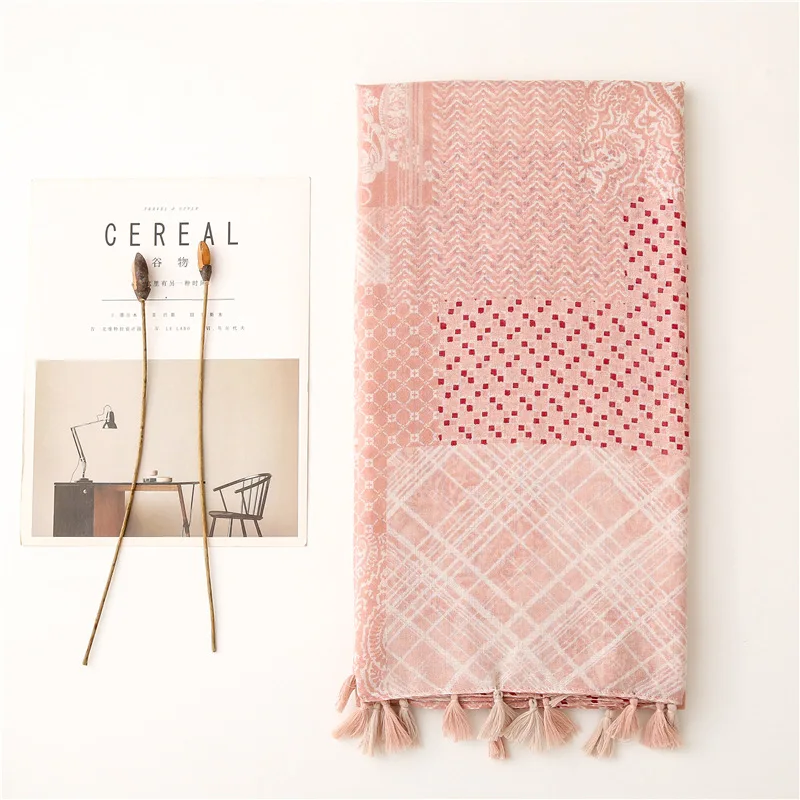 

Sweet wind soft cotton hemp feel scarf light pink geometry fashionable adornment travel bask in shawl scarf female