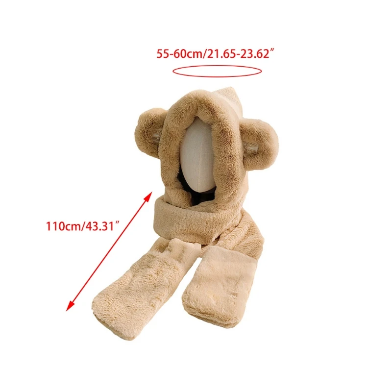 

Winter 3 In 1 Fluffy Plush Warm Hooded Long Scarf Hat Animal Print Earflap Cap 449F