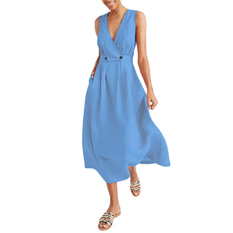 

Elegant Summer Commute Ladies Long Dresses Cotton Women V Neck Pleated Pure Colour Button Dress