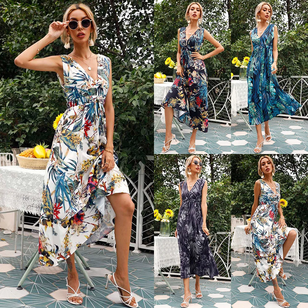 

2021 Dresses Women summer Boho Chiffon V-Neck Sleeveless High Waist Shrink Party Evening Beach Long Maxi Floor Length Sundress
