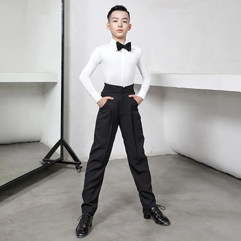 

Boys Latin Dance Costumes White Shirts Black Pants Bow Tie Competition Outfits Cha Cha Samba Tap Dance Stage Clothing DNV15289