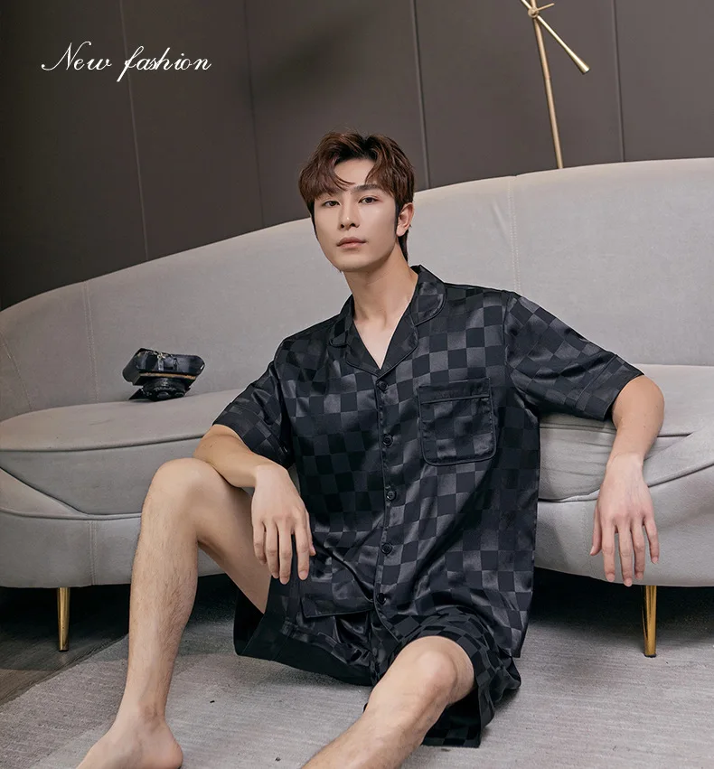 

Plaid Pajamas Men's Short-sleeve Suit Can Be Worn Outside Two-piece Home Clothes Cardigan Satin Pajama Sets Pijama Hombre Verano