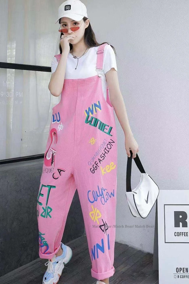 

Vefadisa Pink Women Denim Strap Pants 2021 Summer Newest Women Letter Printed Pants Female Fashionable Pants ZQY098C