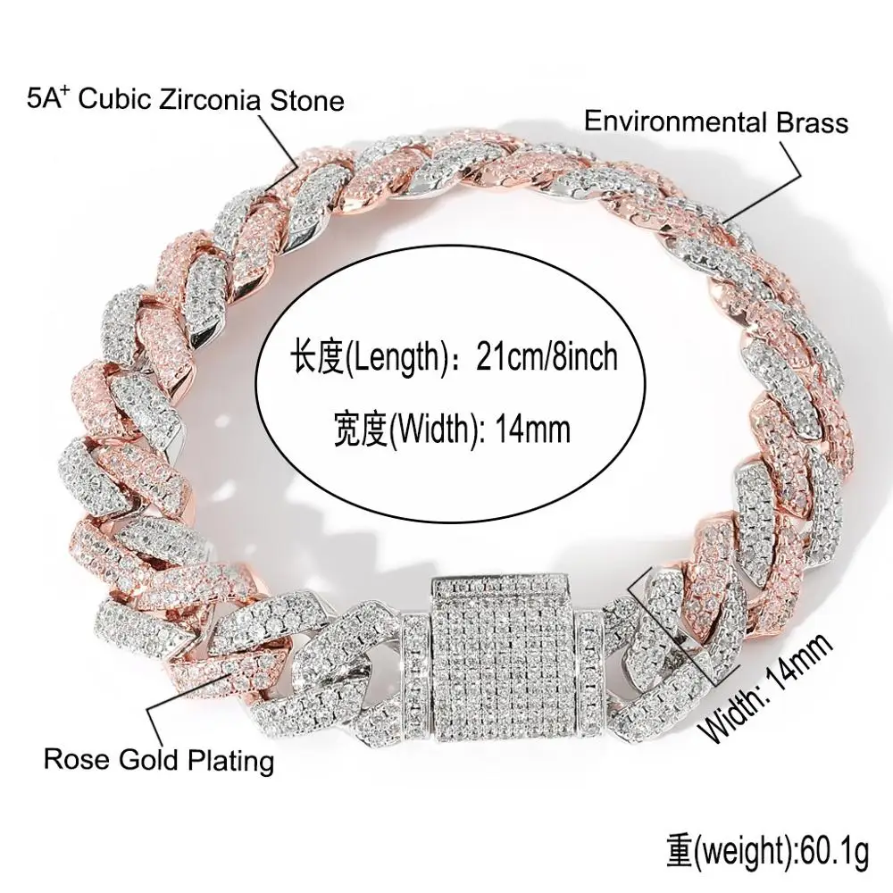 

14mm Copper Cuban Bracelet Iced Out CZ Bracelet Pink Silver Color For Men Luxury Box Clasp Drop Shipping