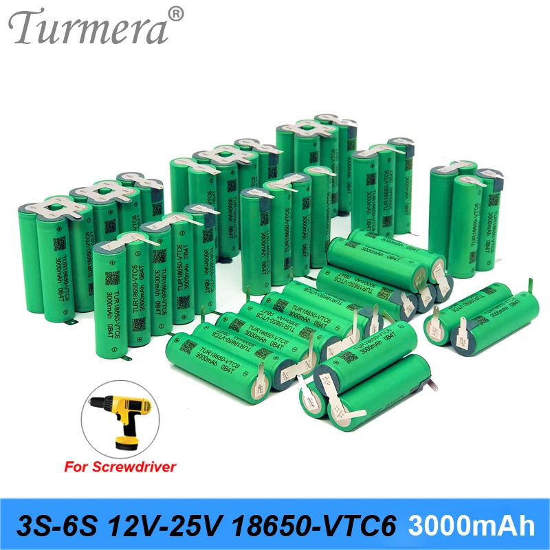 

Turmera 3S 10.8V 4S 14.4V 5S 18V 6S 25V VTC6 18650 3000mAh 6000mAh Battery 30A Soldering for 21V Drill Screwdriver Batteries Use