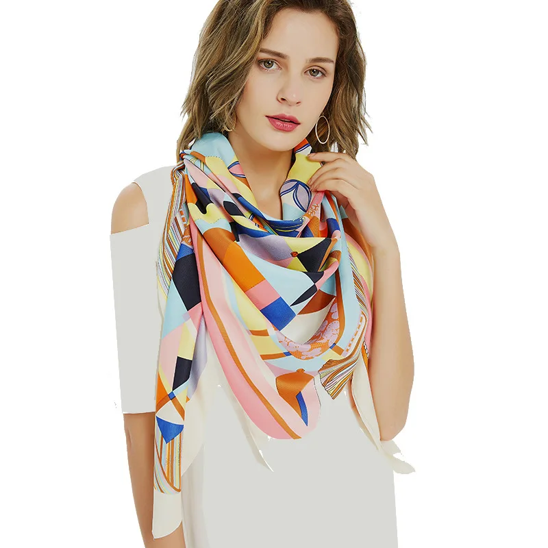 Новые женские шарфы 100% Шелковый треугольный геометрический твил Трехцветный