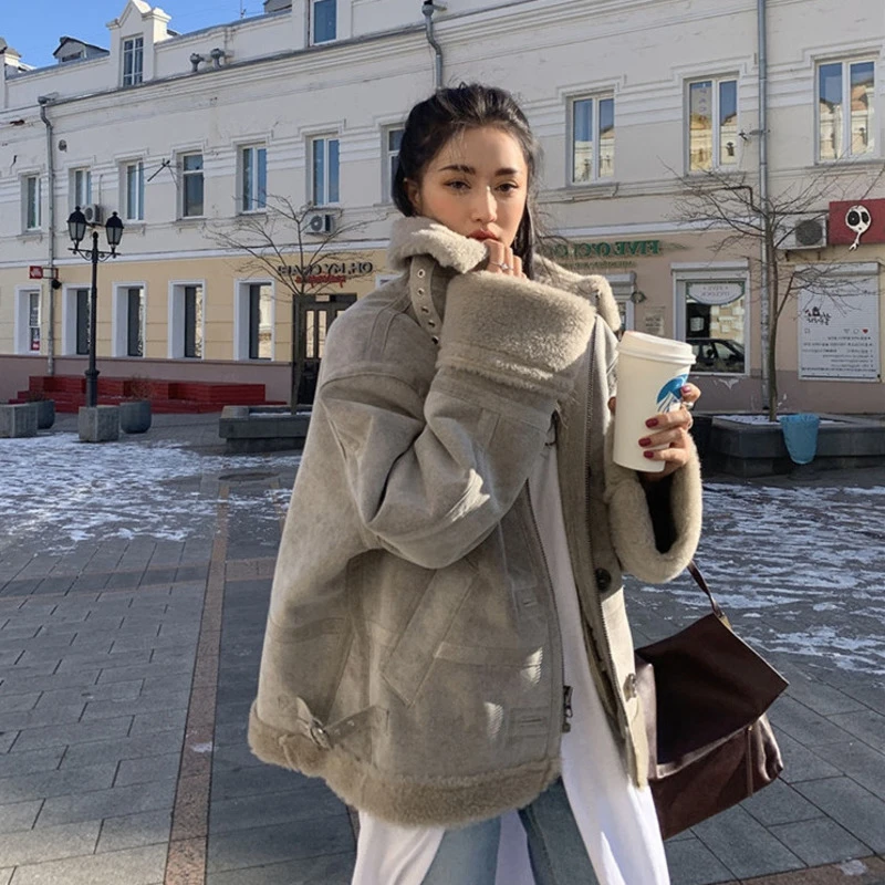 Женский пуховик зимняя замшевая куртка утепленное пальто из овечьей кожи