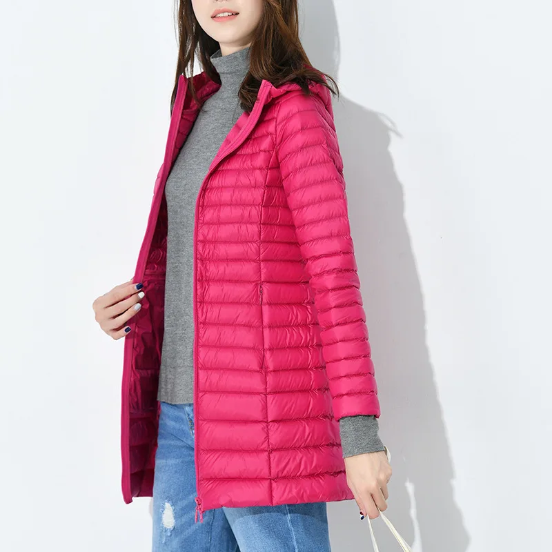 Тонкий легкий Длинные куртки женские 90 белая утка вниз высокое качество пальто