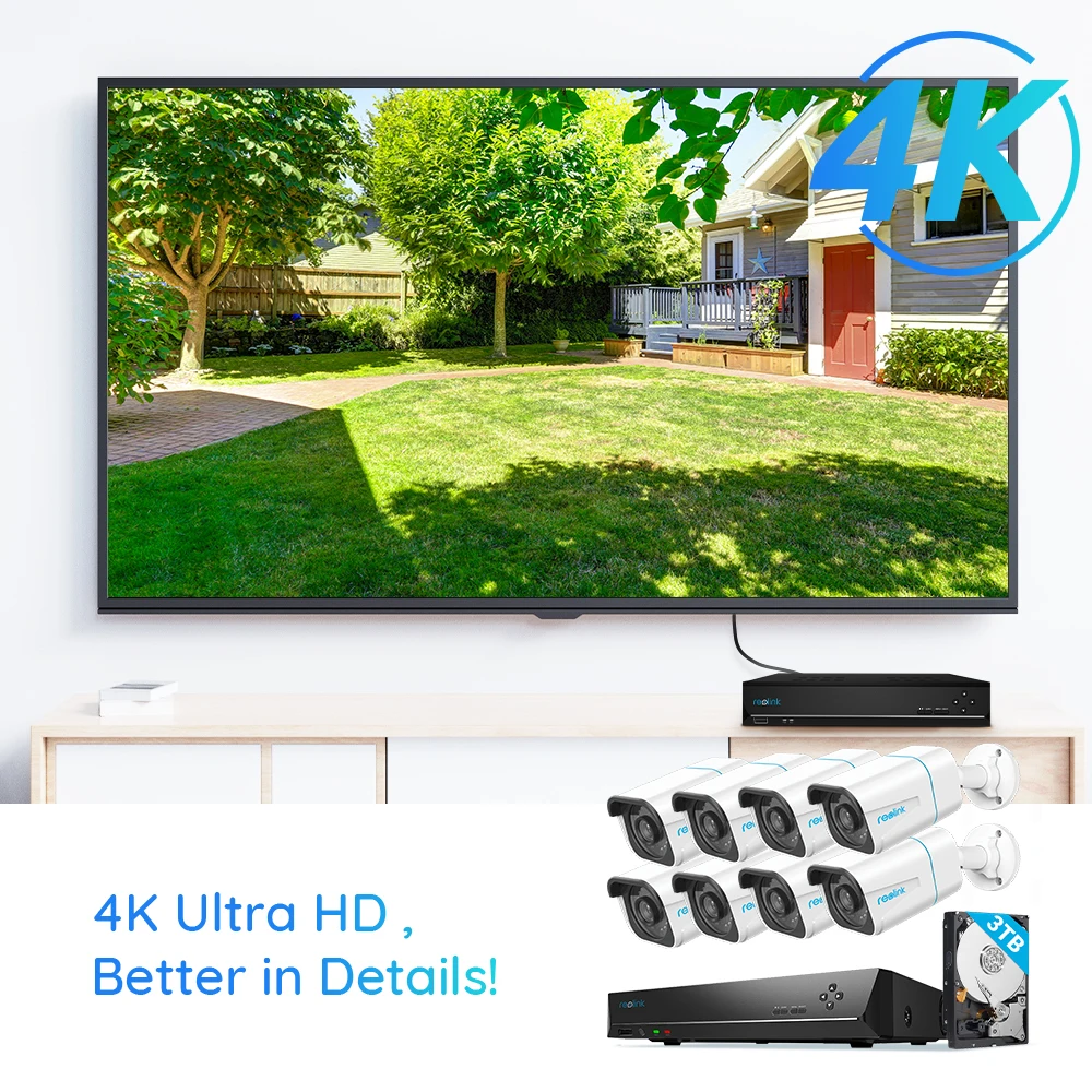 Reolink RLK16-810B8-A 4K NVR набор PoE Обнаружение человека/автомобиля 24/7 запись 3 ТБ HDD 8MP Ultra HD