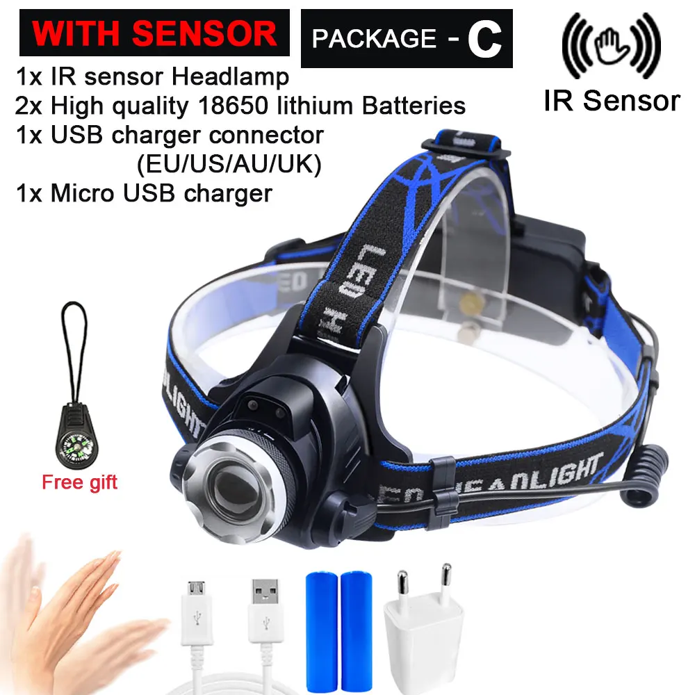 Package C ИК-датчик, головной светильник, USB Перезаряжаемый, V6/L2/T6, индукционный светодиодный налобный фонарь, налобный светильник для рыбалки, налобный фонарь, фонарь, аккумулятор 18650 - Испускаемый цвет: Package C
