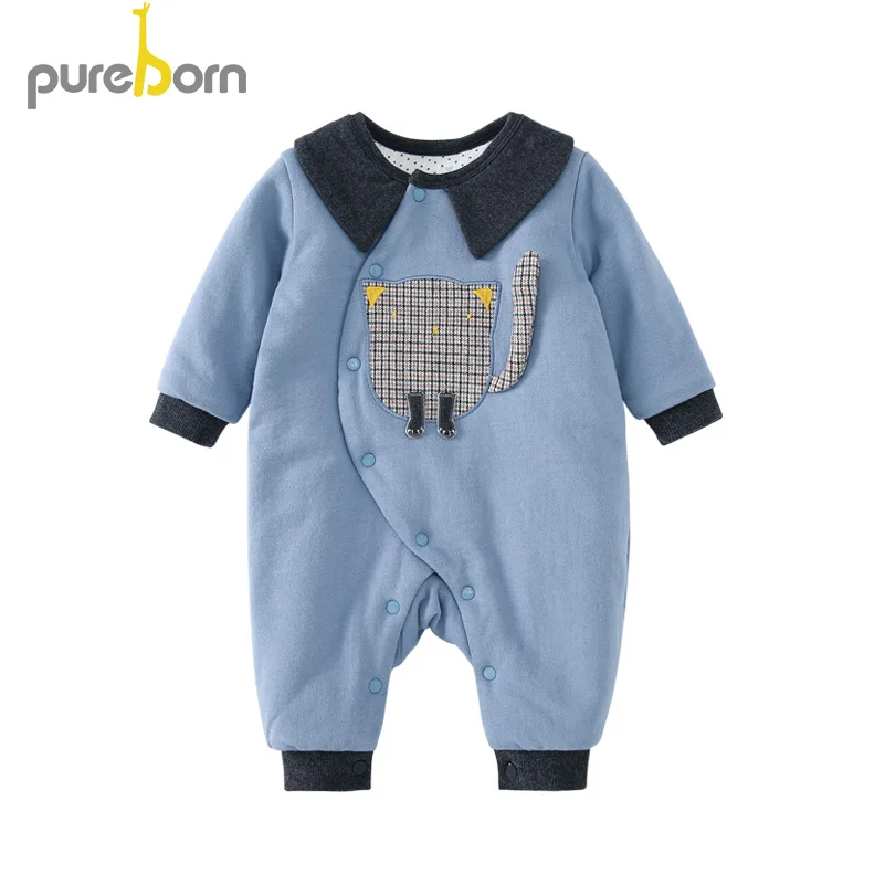 Pureborn/комбинезон для новорожденных; хлопковый стеганый хлопковый комбинезон с хлопковой подкладкой; теплый комбинезон для маленьких мальчиков; Одежда для девочек - Цвет: blue