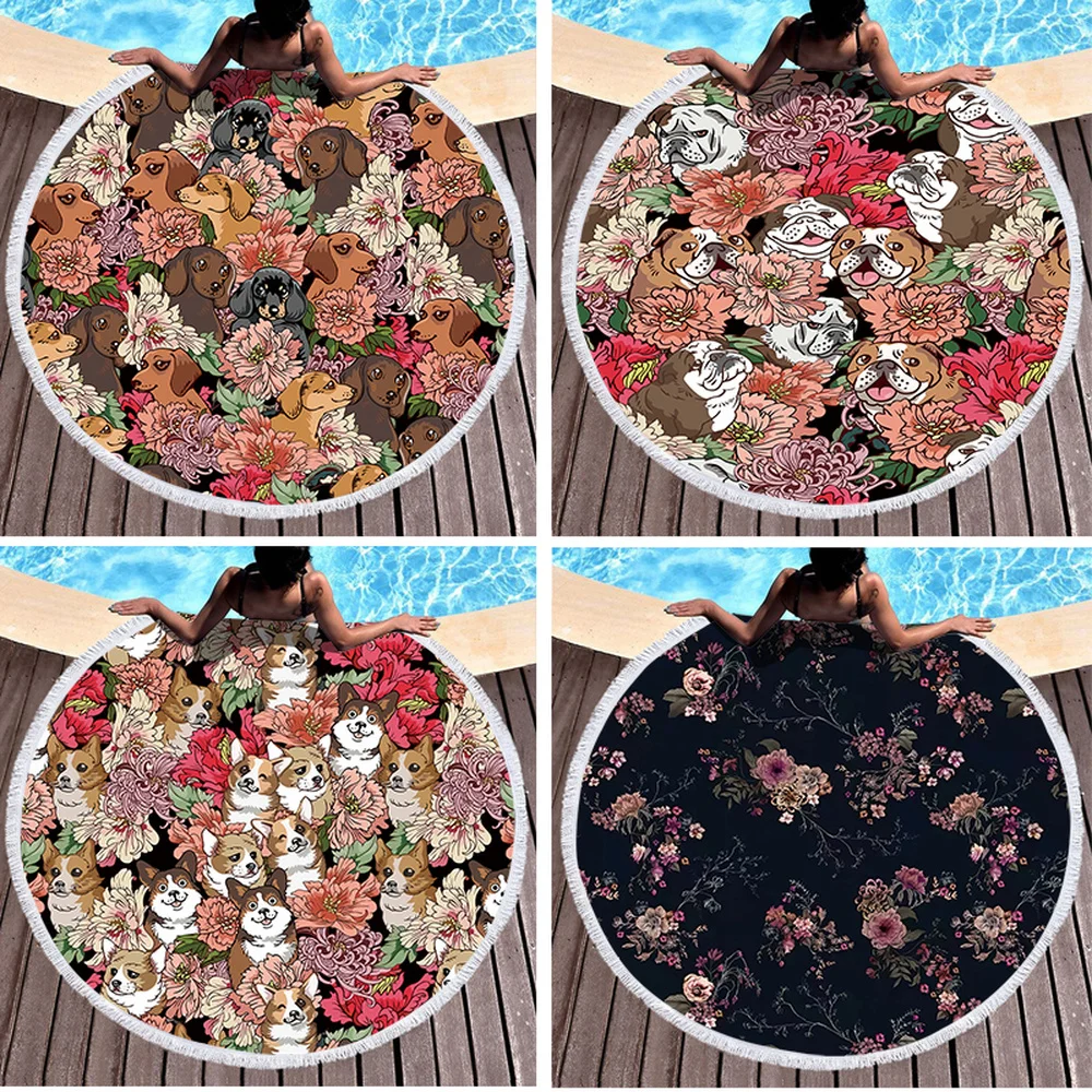 

Flower Cat Dog Round Beach Towel Tassels Cute Animal Microfiber Bath Shower Towel for Adults Picnic Yoga Mat Blanket Cover Up
