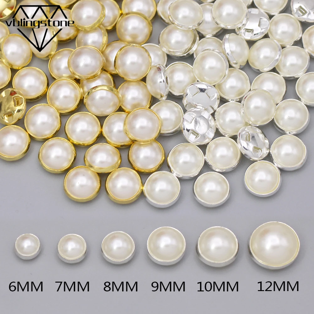 100Pcs Round Pearl Buttons Sew For Clothes Sliver Gold Setting Metal Button Buckle Dresses 6/7/8/9/10/12MM | Дом и сад
