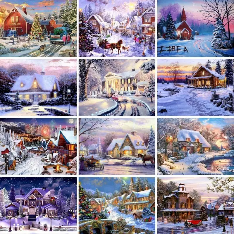 

DIY Painting By Numbers For Adults Snow House Landscape Oil pintura por números Gift Home Decor Room Wall Art