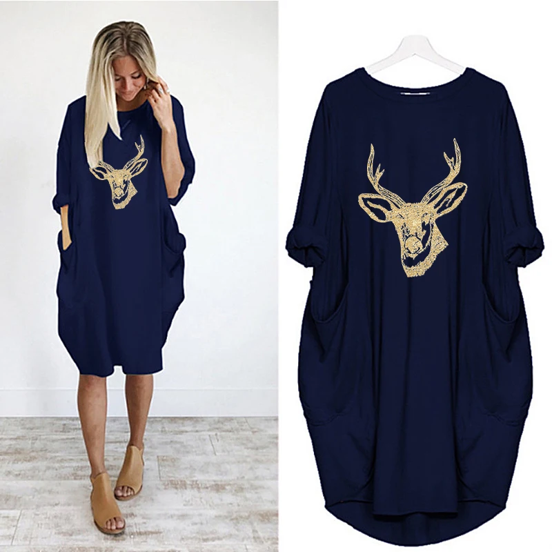 

Plus Size Clothes for Women Christmas Dresses Elk Printting Fall Long Sleeve Loose Vintage Party Winter Vestidos Femme Robes