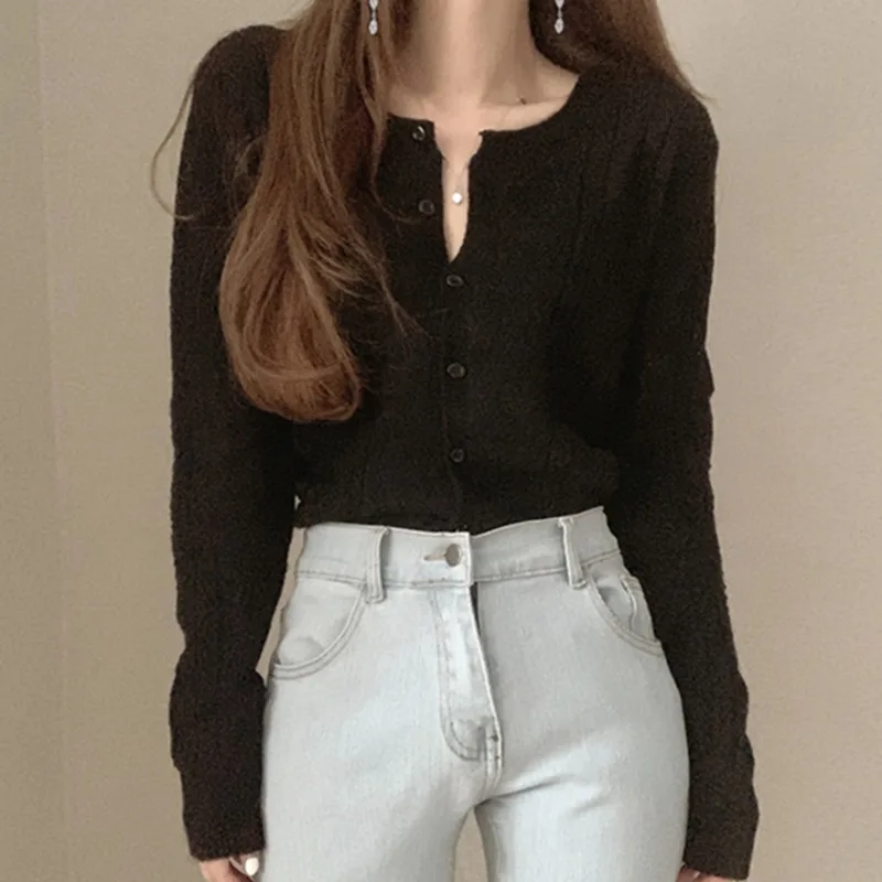 

Knitted Cardigans Women Slim Fitting O Neck Sweater Hollow Cardigan Knitwear Jacket Fashion Full Sleeve Tops Fall Spring 2021