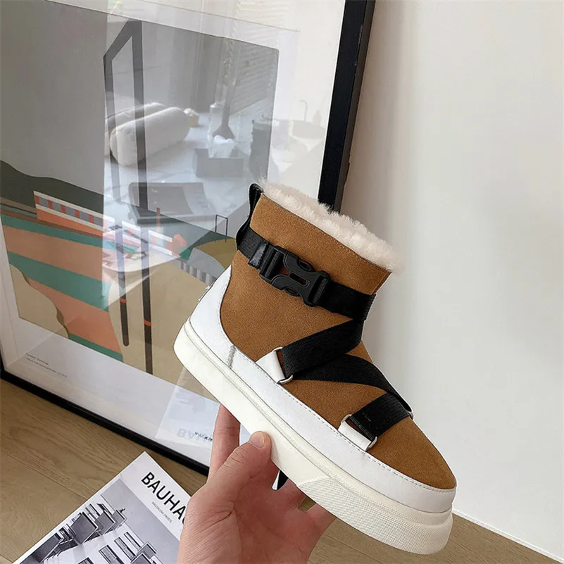 

ANNYMOLI Natural Genuine Leather Cow Suede Flats Platform Snow Boots Women Ankle Boots Shoes Slip On Warm Short Boots Brown 42