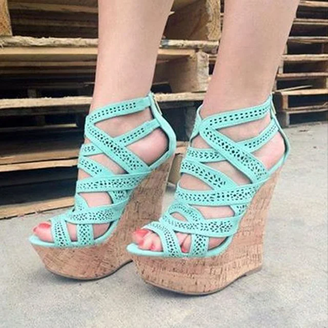 

Women Mint Green orange perforation crossed Strap wedge Heel Sandals high Platform Gladiator Peep Toe Vacation Sandals Shoes