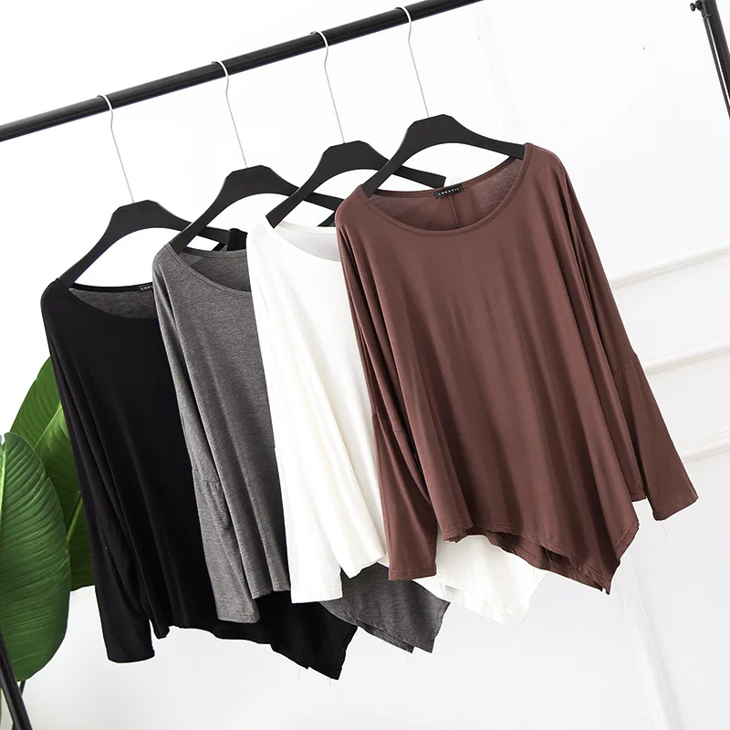 casual loose modal autumn women blouse solid color long sleeve O-neck irregular lady blouses W790