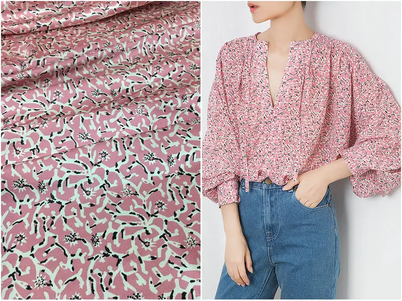 

Heavy silk stretch satin fabric 2019 brand pink floral print fabric 140cm wide silk dress shirt fabric high fashion fabric