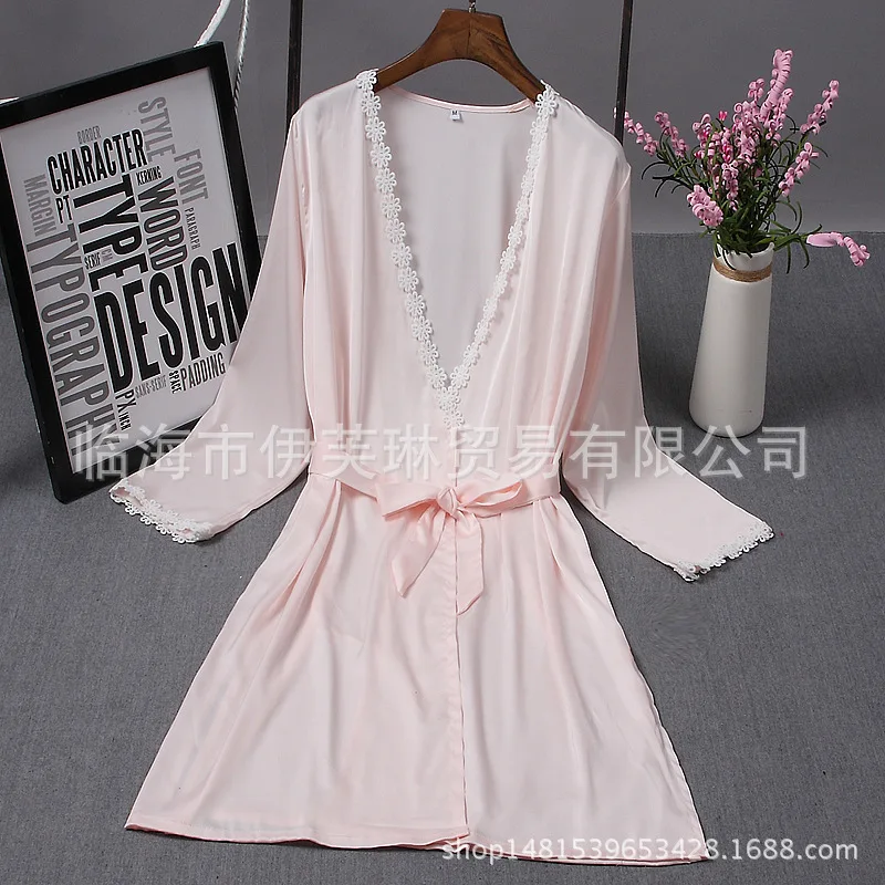 

FZSLCYIYI Women Silk Sleepwear Robe Sexy Night Robes Long Sleeve Lace Dressing Gown Bride Bridesmaid Kimono Robe Bathrobe