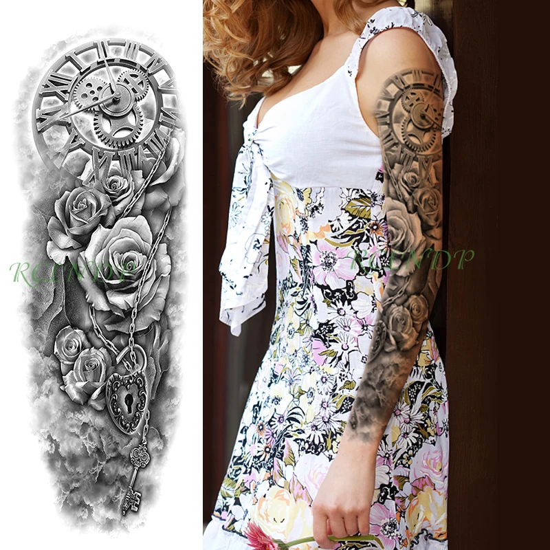 Водонепроницаемая Временная наклейка на татуировку римские часы роза любовь