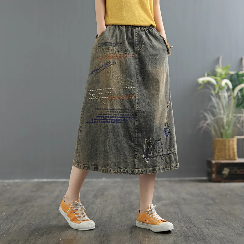 Юбка-трапеция женская джинсовая в Корейском стиле длинная свободная юбка
