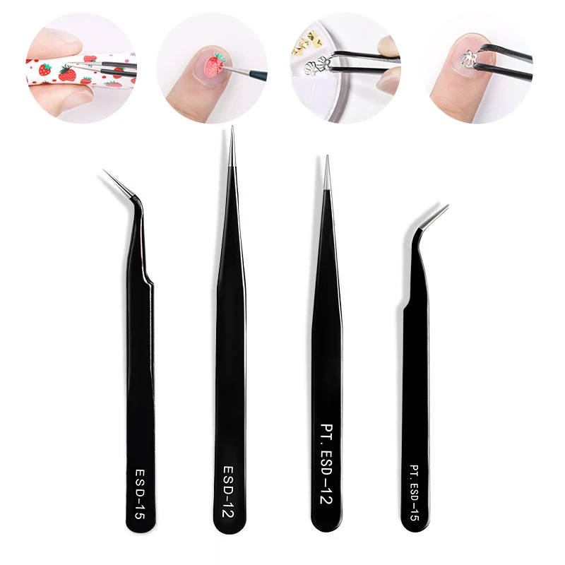 

Stainless Steel Black Curved Straight Eyebrow Tweezers Anti Acid Nipper Rhinestone Picking Tool False Eyelash Nail Art Tool