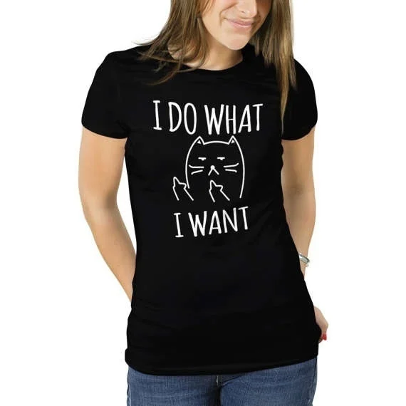

I Do What I Want Cat Letter Print Funny T-Shirt Women Harajuku Goth Punk Cute Kitten Tee Casual Black Tops Short Sleeve Cotton