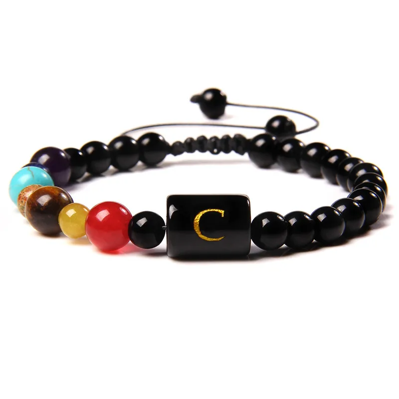 

Natural Chakra Fengshui Black Onyx Red Agat Tiger Eye Stone Beads Bracelets Men Black Rope 26 Letters Charm Bangle Women Jewelry
