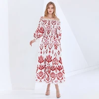 maxi elegant dresses for female slash neck long sleeve high waist print red dress female fashion new clothes spring